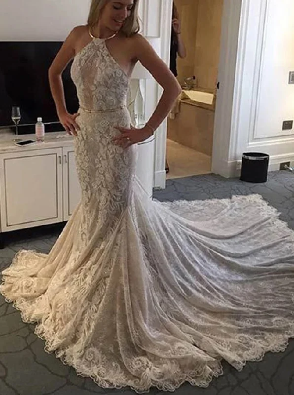 Halter Mermaid Lace Sleeveless Wedding Dress with Appliques OW641 Off-shoulder Gown