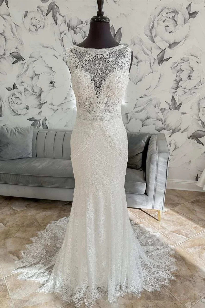 Lace Open Back Mermaid Long Wedding Dress Sparkle Bridal Dress