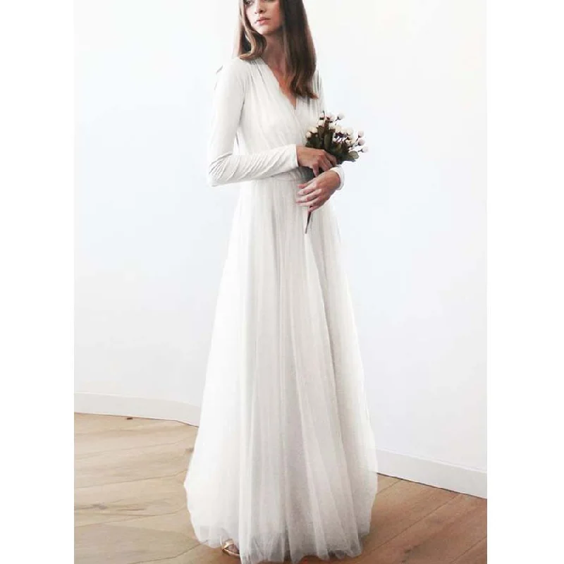 Long Sleeves V Neck Simple Cheap Beach Long Wedding Dresses, BG51635 Strapless Lace Dress