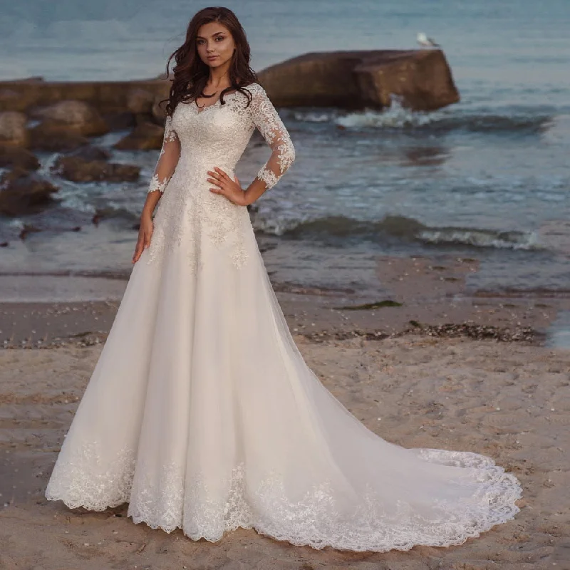 Long Wedding Dress Elegant Long Sleeves V Neck Lace Appliques Off-shoulder Bridal Dress