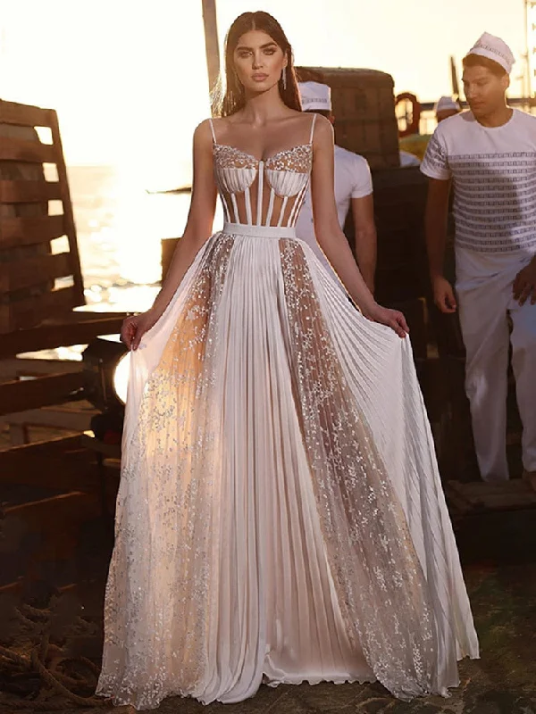 Boho Wedding Dresses A Line Spaghetti Straps Bridal Dress Full Skirt Gown