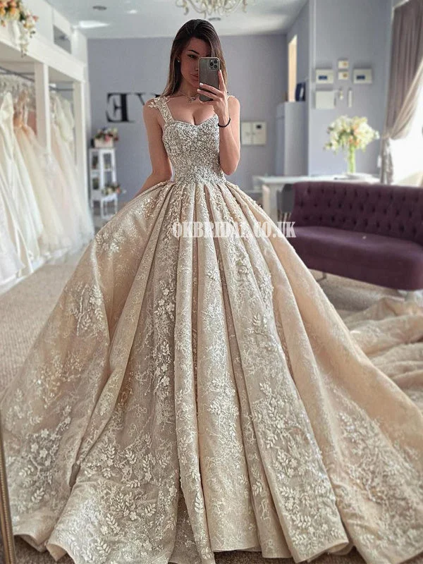 Luxury A-line Lace Sweetheart Beaded Floor-length Wedding Dresses, FC5915 Glamorous Wedding Dress