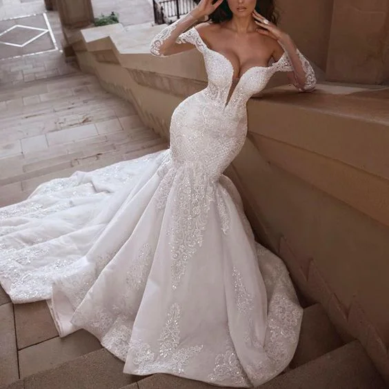 luxury mermaid wedding dresses for bride sparkly lace applique v neck modest wedding gown Off-shoulder Bridal Gown