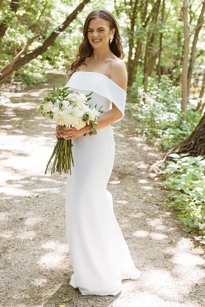 Mermaid White Off-the-Shoulder Chiffon Long Wedding Dress A-line Wedding Gown