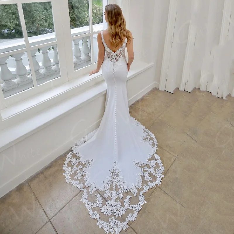 Wedding Dress Court Lace Train Spaghetti Straps Bride Dresses V Neck Sexy Lace Gown