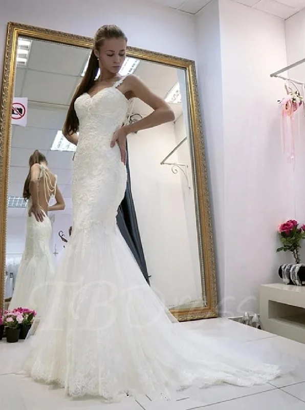 Spaghetti Straps Backless Wedding Dresses Mermaid Bridal Dresses OW685 Soft Lace Gown