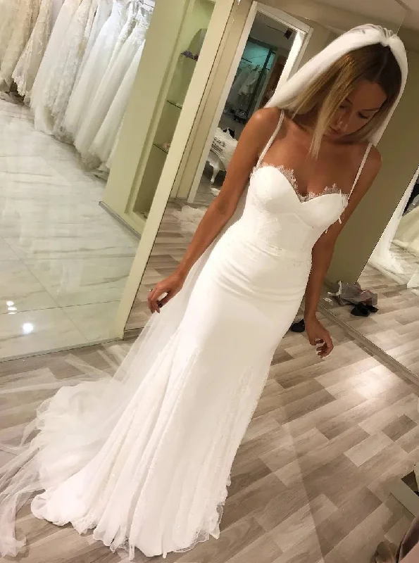 Sweetheart Sheath Spaghetti Straps Wedding Dresses Long Bridal Dresses Illusion Lace Gown