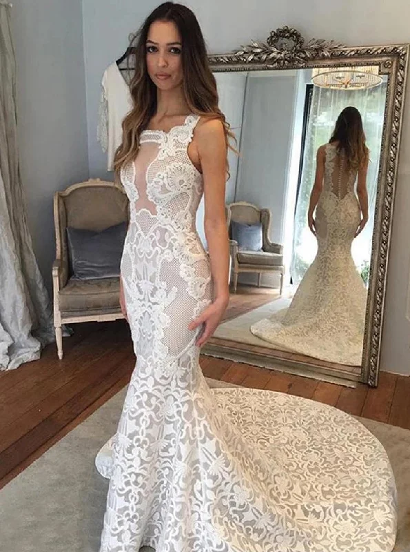 Square Illusion Back Court Train Mermaid Lace Wedding Dress OW640 Sexy Satin Gown