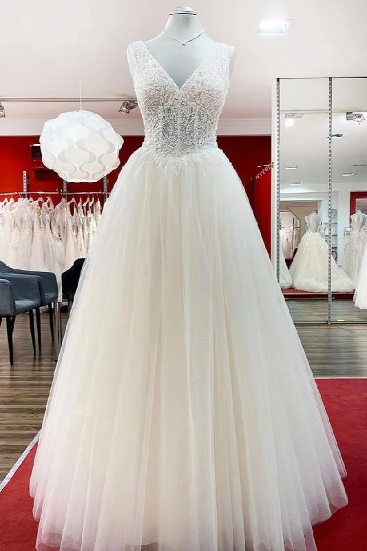 Unique Ivory Long Princess V-neck Tulle Lace Wedding Dress Romantic Wedding Dress