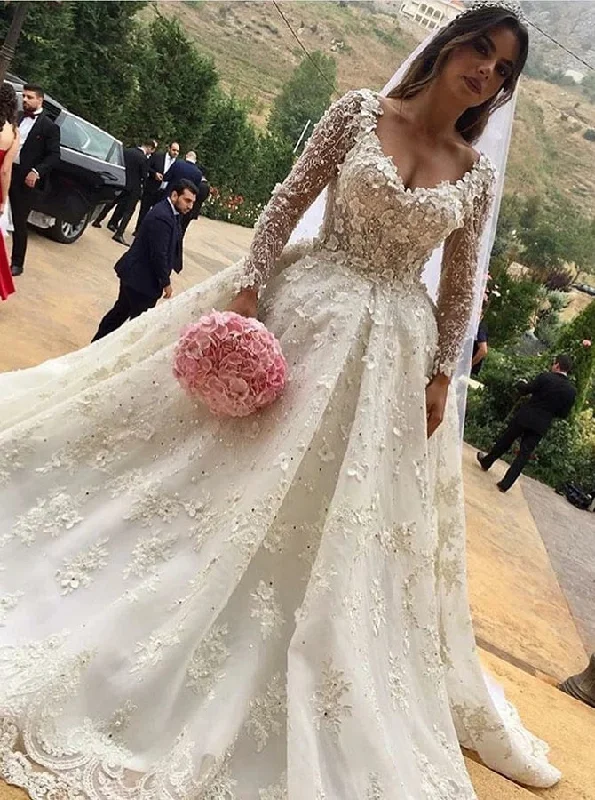 V-Neck Long Sleeves Ball Gown Wedding Dress with Appliques OW642 A-line Wedding Gown