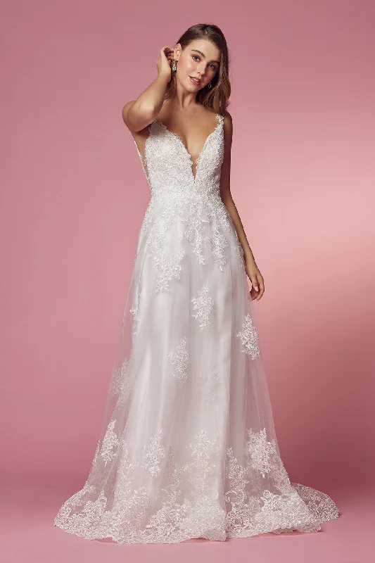 White Lace Applique V-Neck Gown By Nox Anabel -C461 Mermaid Wedding Gown