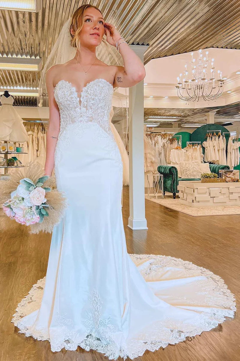 White Lace Strapless Mermaid Long Chapel Train Wedding Dress Soft Wedding Gown