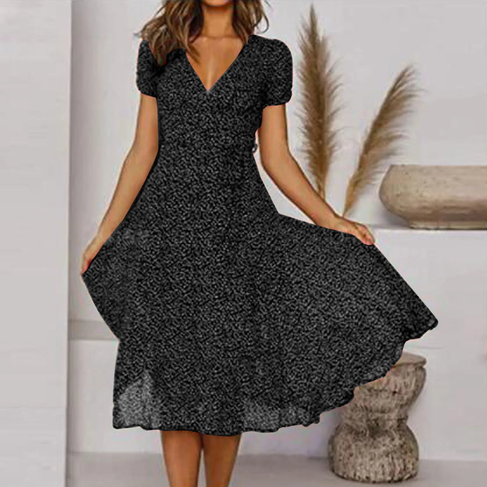 Summer Women's Sexy Short V Neck Floral Polka Dot Casual Boho  Sun Midi Dresses