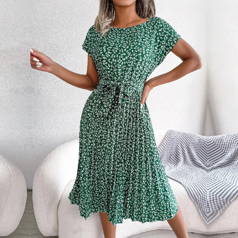 Women Spring Short Waist Chic Floral Pleated A Line Long Midi Dresses Velvet midi dresses