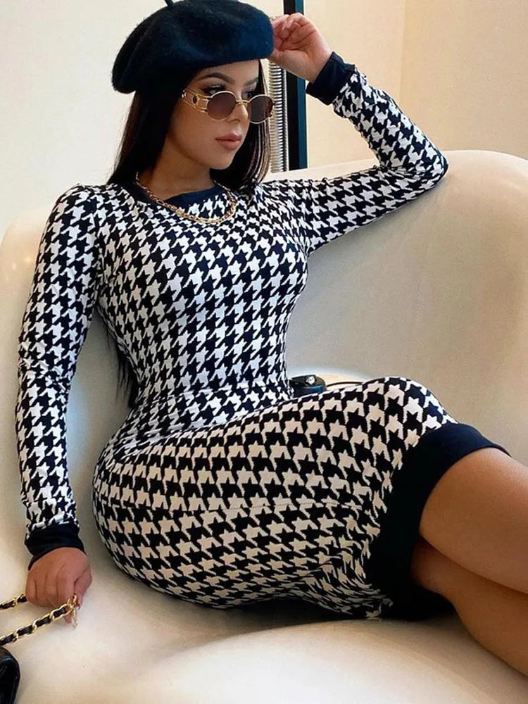 Houndstooth Long Sleeve Hollow Out Bodycon Sexy Autumn Winter Club Elegant Slim Midi Dresses Party midi dresses