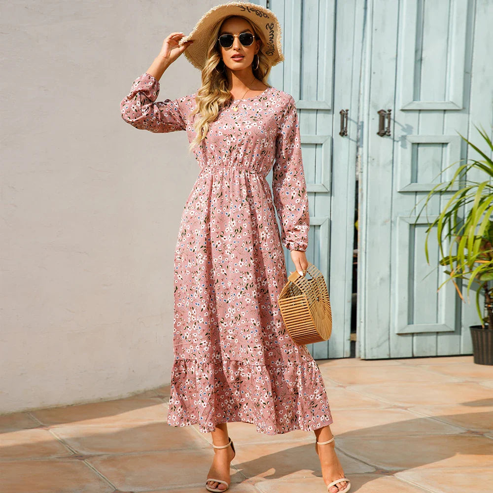 Sping Bohemian Women Maxi Casual Long Sleeve High Waist Chiffon Midi Dresses Women's midi dresses