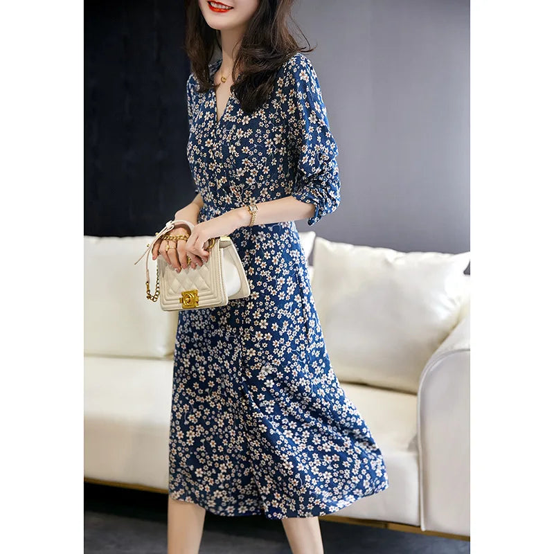 Printed Clear Pear Flower French Style Slimming Mulberry Silk Tea Midi Dresses Tiered midi dresses