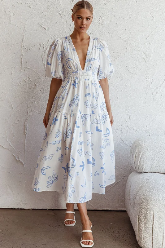 Summer Land V-Neckline Midi Dress Printed White