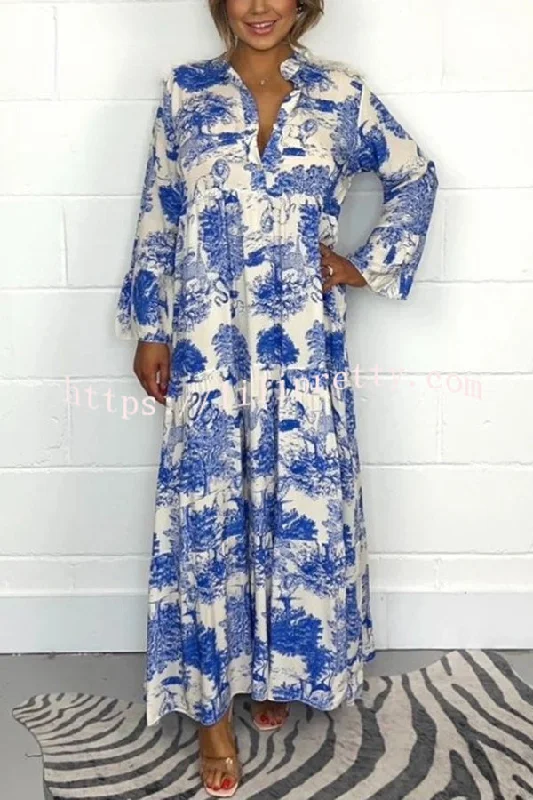 Botanical Print Casual V-neck Trumpet Sleeve Maxi Dress Preppy maxi dresses