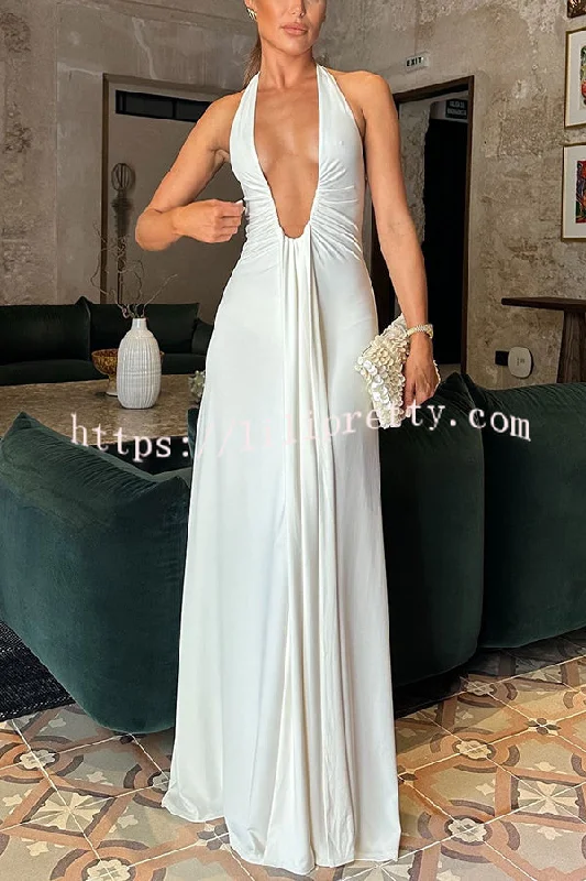 Sexy Silhouette Deep U-neck Halter Waterfall Sash Drape Maxi Dress Best maxi dresses for elegant looks