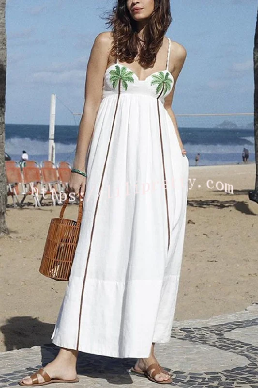 Coconut Tree Print Suspender Backless Large Hem Maxi Dress Best maxi dresses for date night