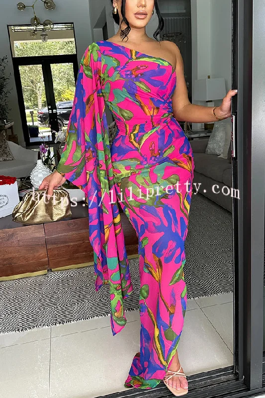 Lilipretty® Colorful Printed One-sleeve Slim-fitting Slit Maxi Dress Goth maxi dresses