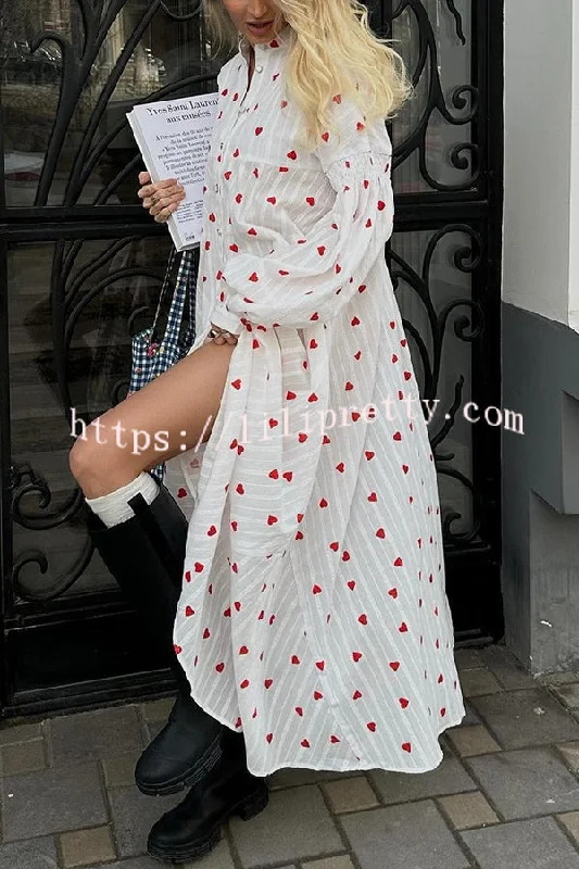 Cute Heart Print Puff Sleeve Loose Shirt Style Maxi Dress Women's trendy maxi dresses sale