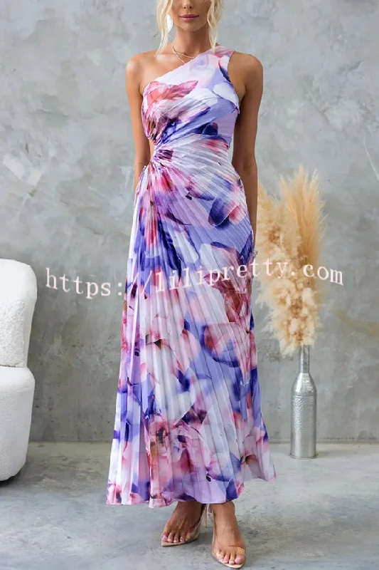 Laken Floral Print One Shoulder Adjustable Tie Cutout Pleated Maxi Dress Off-shoulder maxi dresses