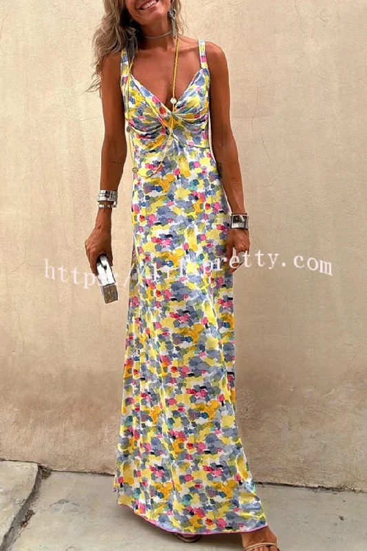 Flora Watercolor Print Crossover Neck Wide Straps Stretch Maxi Dress Best maxi dresses for casual wear