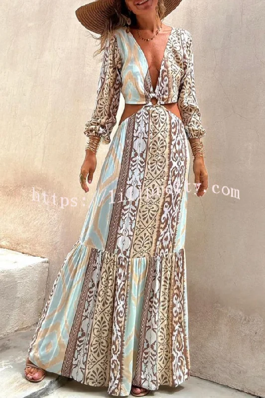 Sefora Unique Color Block Print Long Sleeve Ring Cutout Back Tie-up Maxi Dress Best maxi dresses for curvy figures