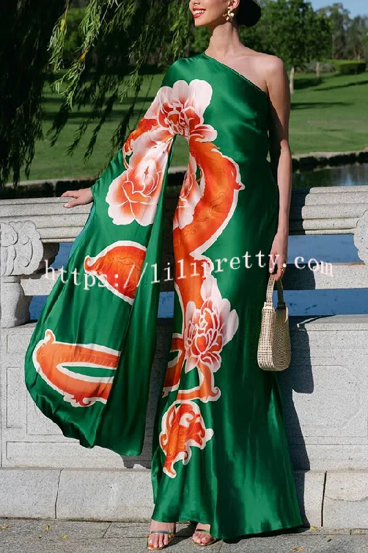 Elegance and Grace Satin Dragon Print One Shoulder Drape Sleeve Maxi Dress Cute floral print maxi dresses