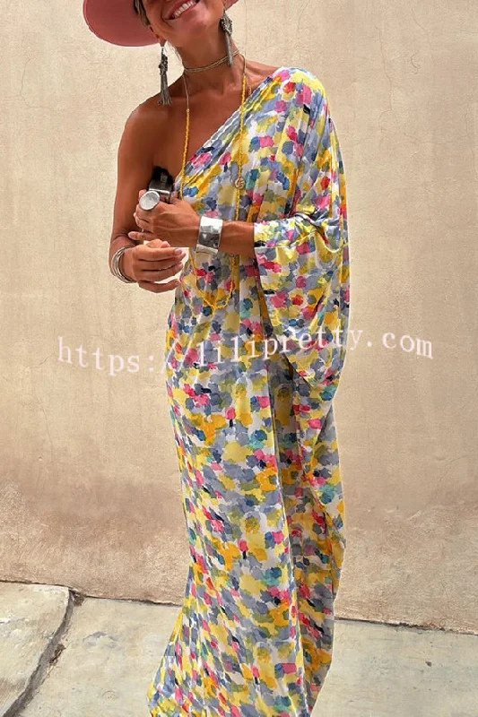 Indio Watercolor Print One Shoulder Drape Sleeve Maxi Dress Best maxi dresses for formal events