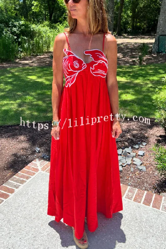 Red Fish Embroidered Sling Backless Maxi Dress Leather maxi dresses