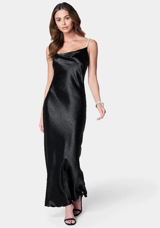 Hammered Satin Cowl Neck Pearl Strap Maxi Dress