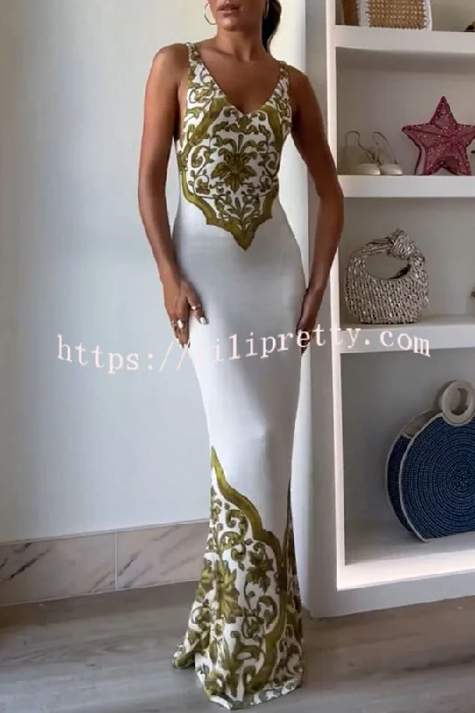 Lilipretty® Sicilian Inspired Knit Symmetrical Unique Print Stretch Fishtail Maxi Dress H&M maxi dresses