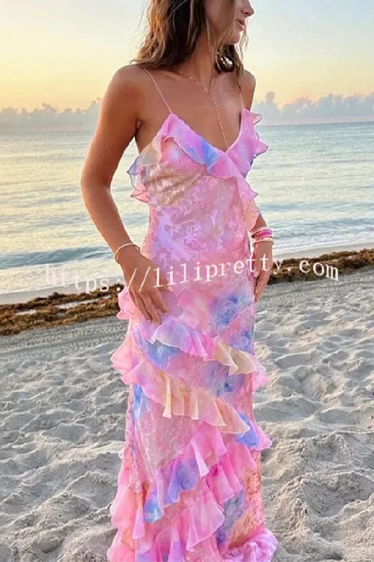 Multicolor Tie-dye Sexy Backless Wave-hem Strap Maxi Dress Hot new arrivals in maxi dresses