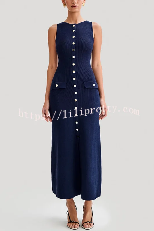 Solid Color Slim Fit Crew Neck Button Up Sleeveless Knitted Maxi Dress Cocktail maxi dresses