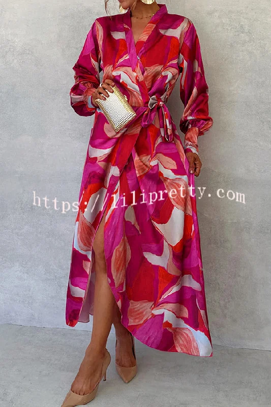 Unique Printed Long Sleeve V-neck Tie-up Waist Slit Maxi Dress Silk maxi dresses