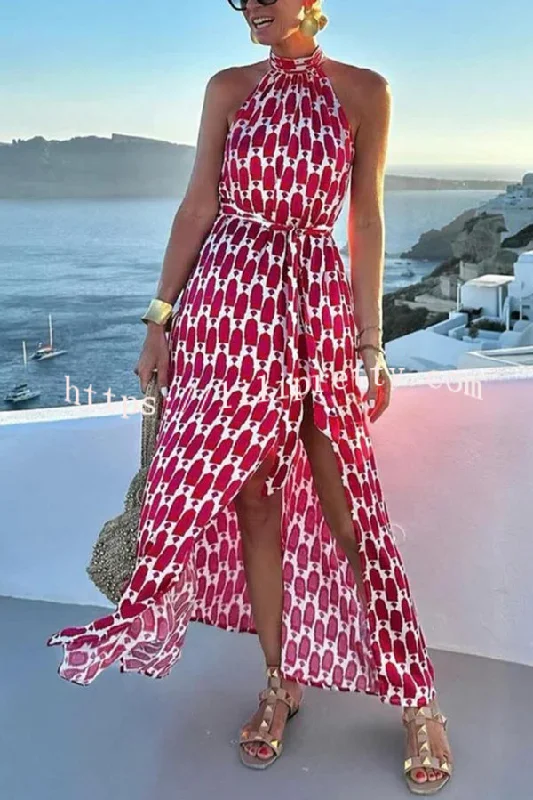 Unique Printed Sleeveless Halterneck Tie-waist Slit Maxi Dress Cotton maxi dresses