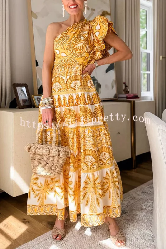 Exquisite Dream Unique Print One Shoulder Ruffle Sleeve Tiered Maxi Dress Luxury maxi dresses