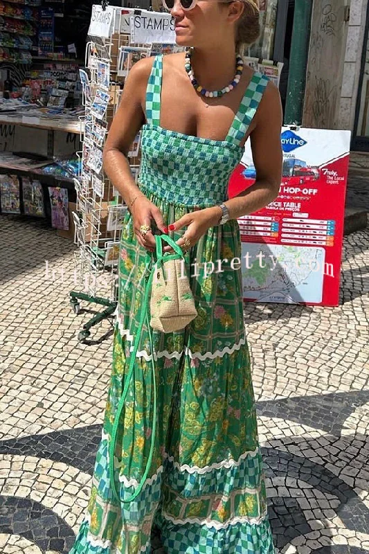 Yolanda Ric Rac Trims Unique Print Smocked Bust Back Lace-up Maxi Dress Versatile maxi dresses for all occasions