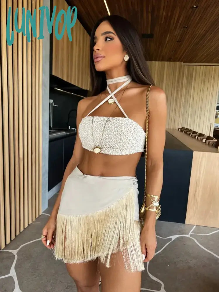 Lunivop 2024 Summer Two Piece Skirt Sets Sexy Sleeveless Short Bandeau Top Elegant Tassel Skirt Chic Beach Outing Women Bandage Suits Mini Skirt Trend