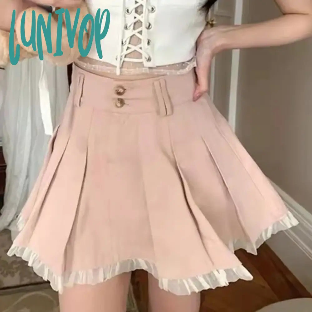 Lunivop Japan Style Sweet Skirts Women Fungus Patchwork A-line Mini Pleated Jupe Femme High Waist Solid Color All-match Faldas Mujer White Mini Skirt