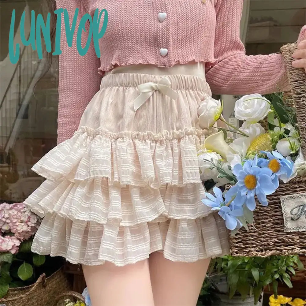 Lunivop  Kawaii Ruffle Skirt Women Cute Lolita High Waist A-line Bow Lace Patchwork Fairycore Mesh Mini Skirt Summer Mori Girl Faded Denim Skirt