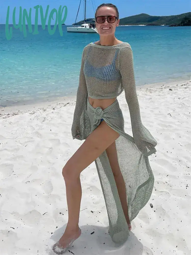 Lunivop Sexy Knit Cut Out Bell Sleeve Short Top Lace-up Beach Slit Leg Skirt Suit Summer Women Bikini Cover-ups Beachwear Set BeachCover Casual Summer Skirt