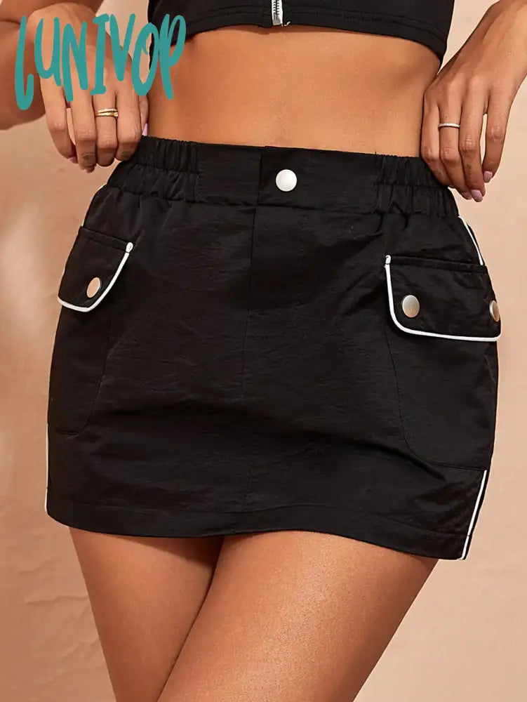 Lunivop Sexy Women Holiday Vacation Elastic Waist Contrast Piping Flap Pocket Button Details Cozy Mini Skirt Summer Denim Mini