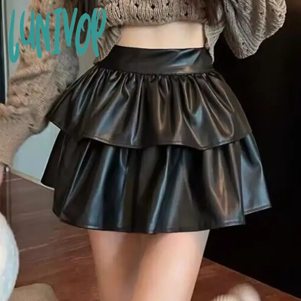 Lunivop Spring Summer Autumn Elastic High Waist Women Mini Skirt Female White Black Short Skirt Teenage Girl Cake A-line Leather Skirts Flirty Mini Skirt