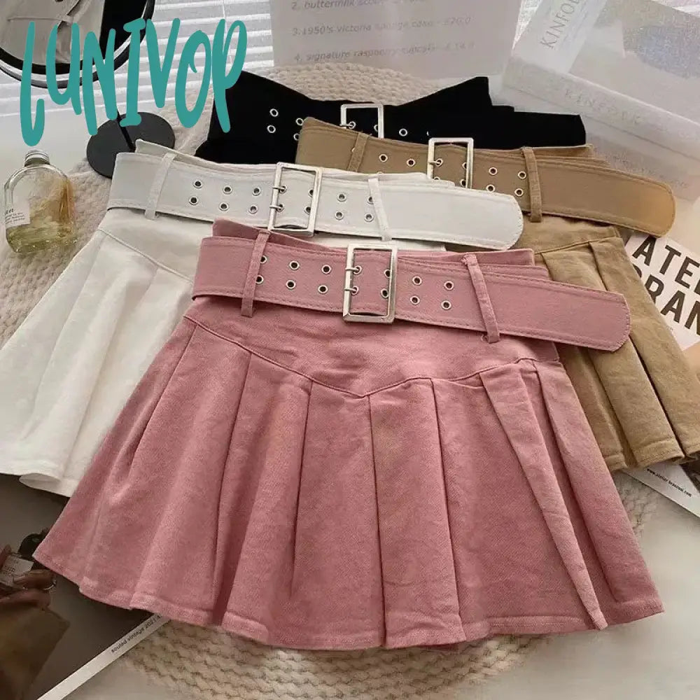 Lunivop Summer Pleated Skirt Women Korean Fashion with Belt Mini Skirts Girl Kawaii High Waist School Uniform A-Line Short Skirts Polka Dot Mini Skirt