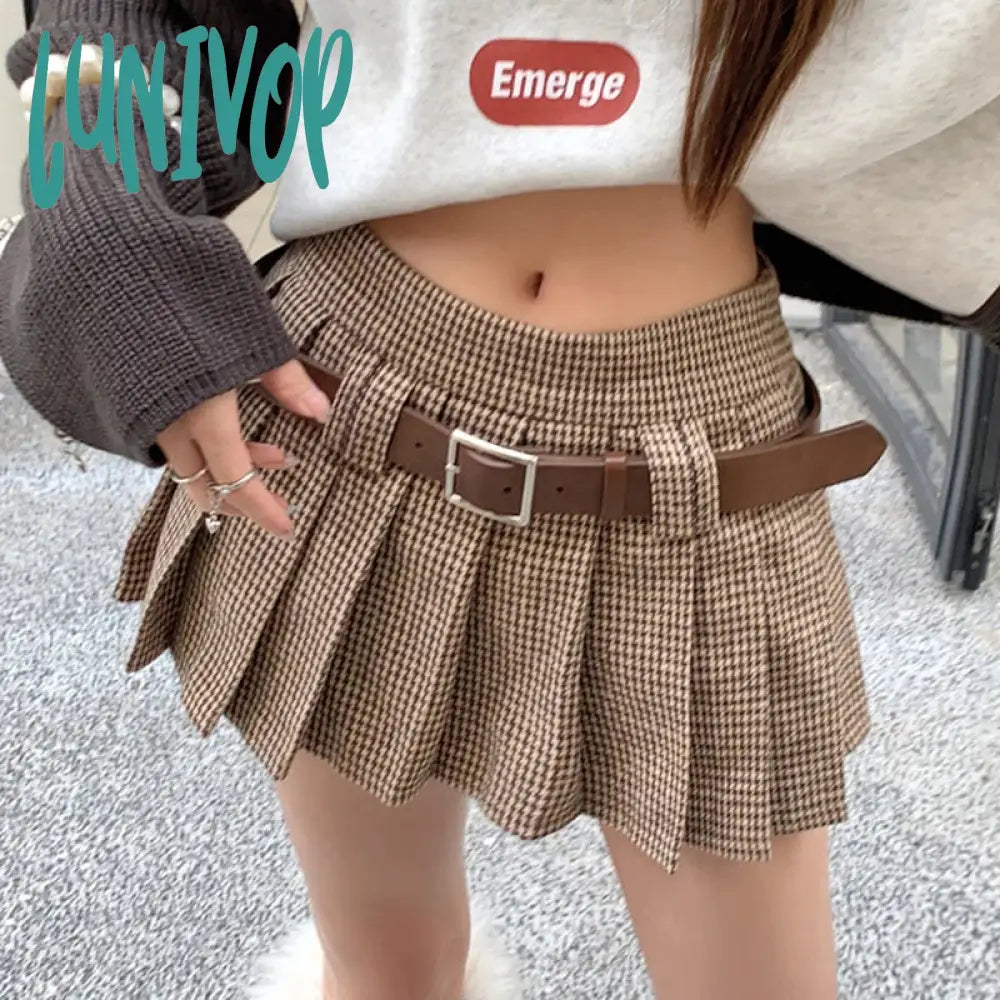 Lunivop Y2K Low Rise Houndstooth Mini Skirt with Belt Woolen Pleated Mini Skirt Ladies Autumn Winter Outfit Elegant Mini Skirt