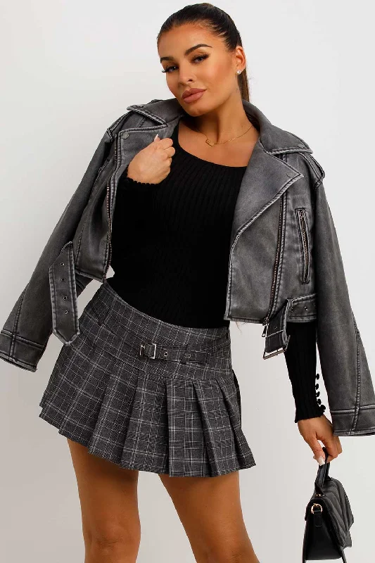 Pleated Mini Skirt Grey Check Lace Mini Skirt